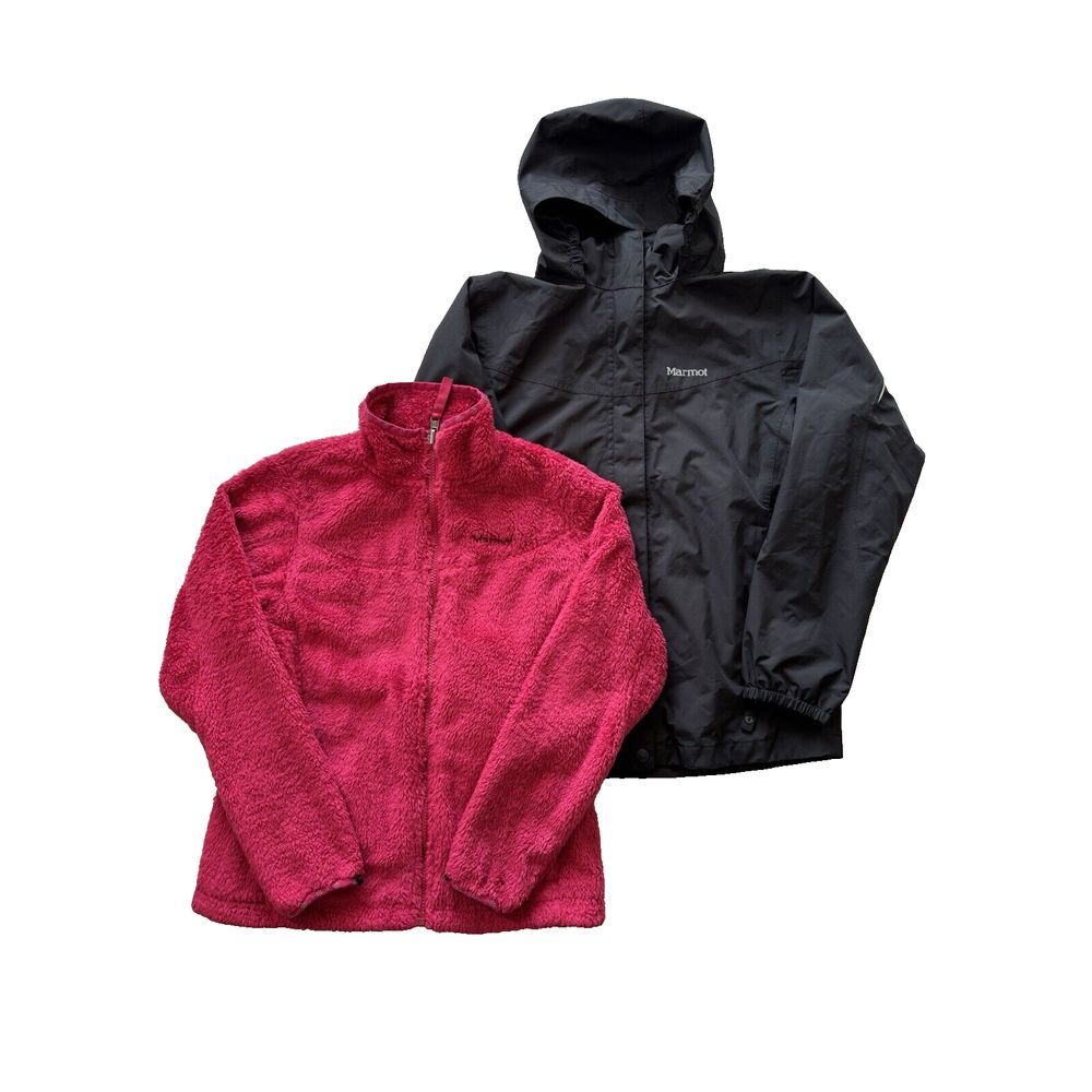 Marmot Jacket Girl Large Black Pink Full Zip Coat Parka Rain Snow Layered Fleece